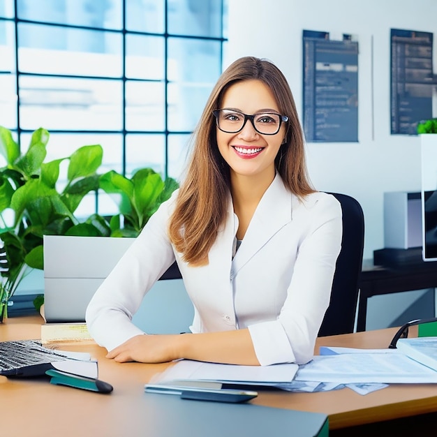 Office Working Girl smiling beautiful and cute model in front of the camera and creating an office e