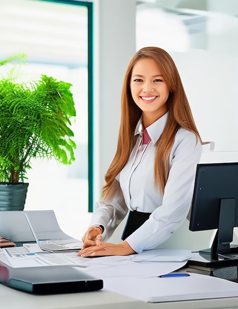 Office Working Girl smiling beautiful and cute model in front of the camera and creating an office e