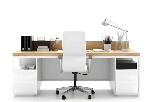 Офис рабочее место стол перед пустым стулом изолирован на белом фоне нейронная сеть генерирует искусство
