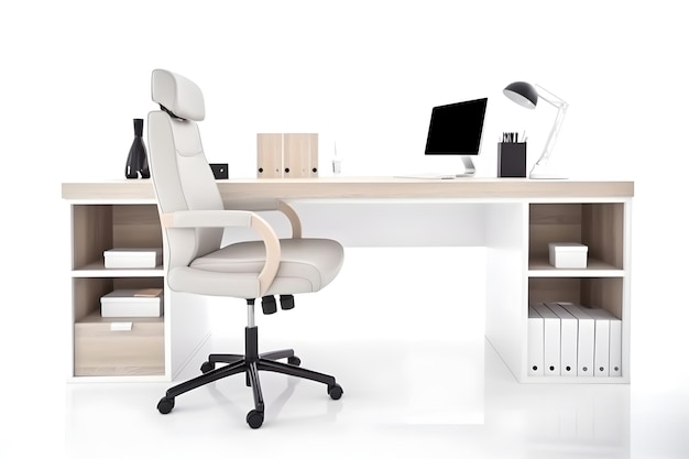 Офисный рабочий стол перед пустым стулом изолирован на белом фоне изображение, сгенерированное нейронной сетью