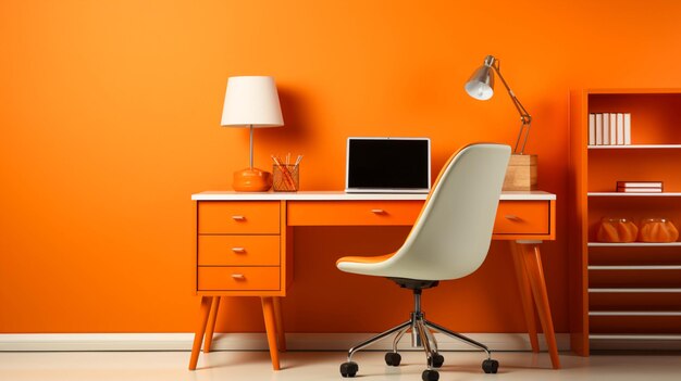 Office workplace desk in front of empty chair on orange background