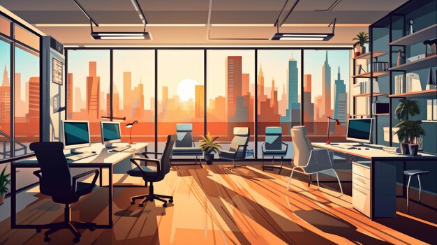 Иллюстрации офисного рабочего пространства, изображающие современный искусственный интеллект