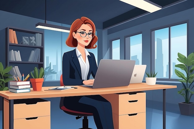 Office Workspace with Female Manager Vector Character Working at Desk with Laptop in Open Space Environment