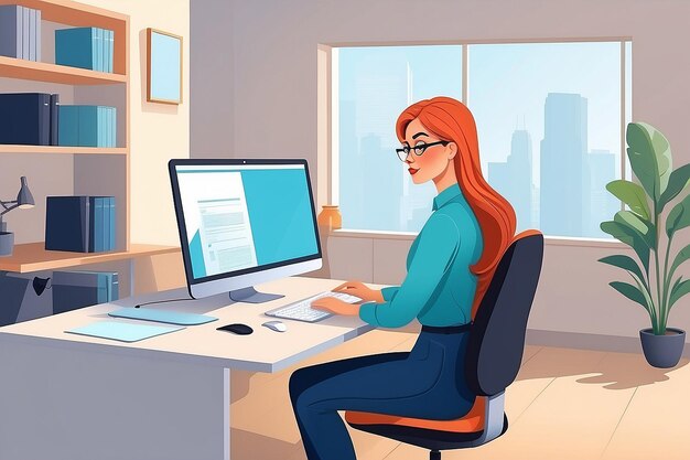 Office Workspace with Female Manager Vector Character Working at Desk with Laptop in Open Space Environment