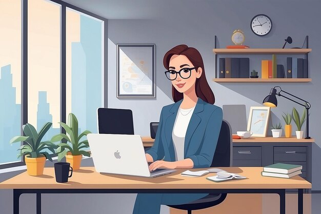 Office Workspace with Female Manager Vector Character Working at Desk with Laptop in Open Space Environment