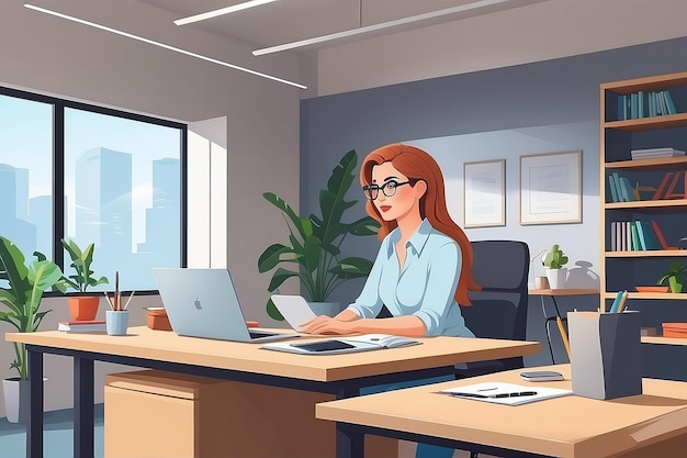 Office Workspace with Female Manager Vector Character Working at Desk with Laptop in Open Space Environment