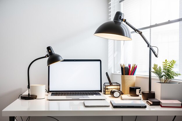 Office workspace with lamp and laptop