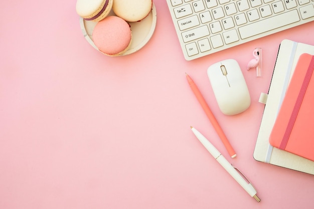 Office workspace Woman flat lay pink creative layout freelance office desk