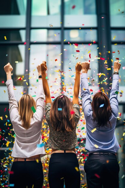 Foto giovani operai d'ufficio in piedi felici con le mani in alto un sacco di confetti colorati giorno