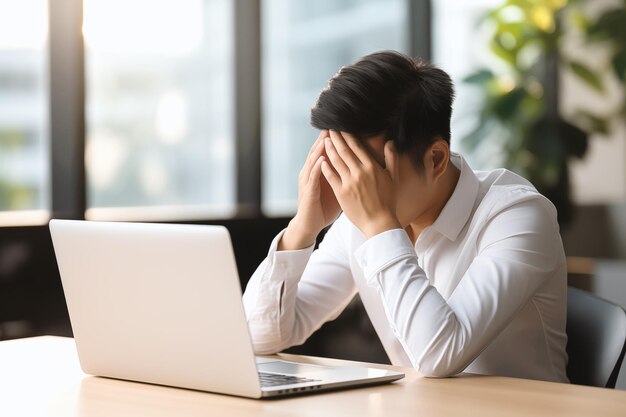 Photo an officer man in a white shirt holds his head possibly suffering from a migraine or office syndrome