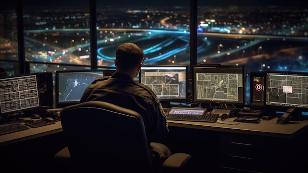 An officer sits in a military command center and monitors data on computer monitors