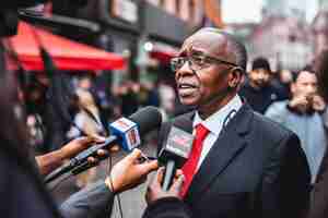 Photo an official gives an interview to the media before the elections black politician promises to change life for the better during outdoor interview like all politicians in the world