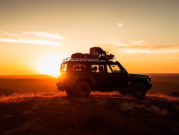 Offroad car in a beautiful sunset in the mountains