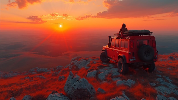 Photo offroad car parked in rocky hill at sunset