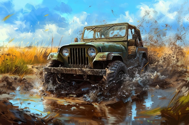 泥だらけの風景を通るオフロードジープの冒険