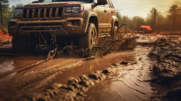 Offroad travel car driving through mud