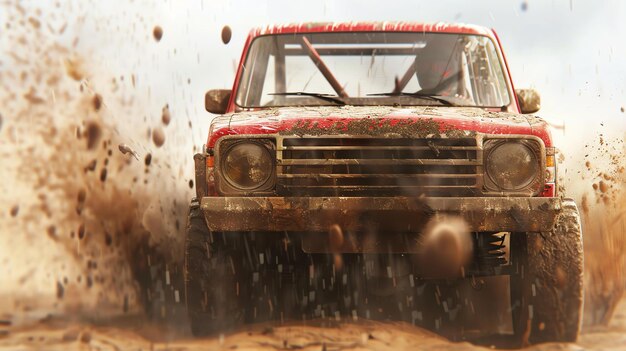 Photo offroad vehicle racing through the desert the red car is covered in mud and dirt the background is a blur of sand and sky