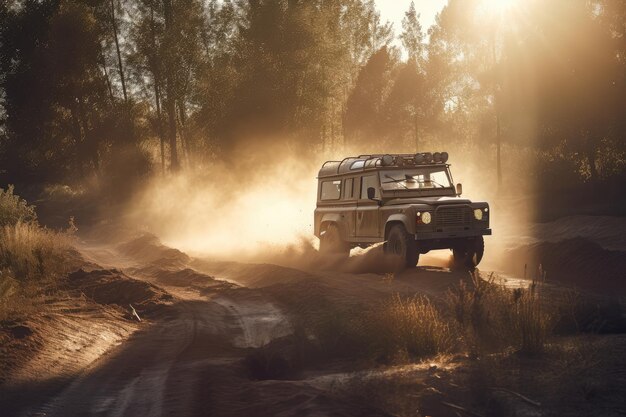 Offroad vehicle speeding over rough terrain with the sun shining down created with generative ai