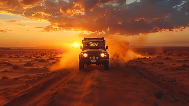 먼지 가 가득 한 사막 을 가로지르는 오프로드 차량 Generative Ai