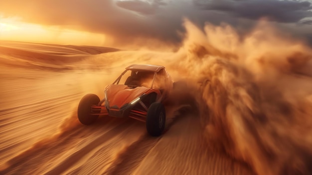 Offroad voertuig snel door woestijn duinen bij zonsondergang schoppen zand