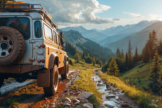 Foto offroadvoertuig in de bergen avontuur en reisconcept