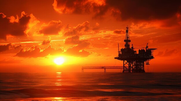 Offshore boorplatform silhouette tegen een vurige zonsondergang symboliserend olie-exploratie39s schemering