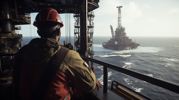 Offshore bouwplatform voor de productie van olie en gas in warme beeldstijl Olie- en gasindustrie