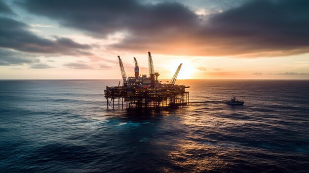 Offshore Jack Up Rig in The Middle of The Sea at Sunset Time