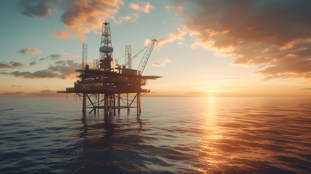 Прибрежная нефтегазовая буровая платформа на заходе солнца в Северном море