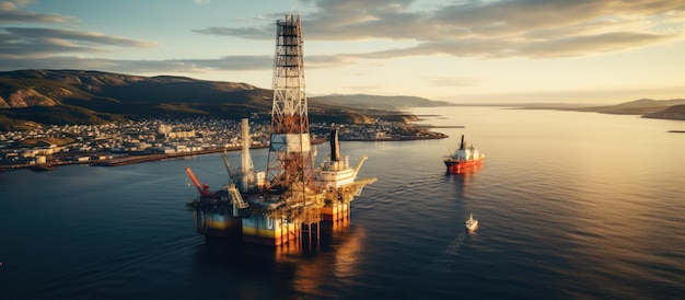 Photo offshore oil and gas platform in the sea at sunset panorama