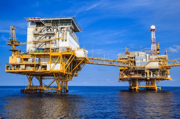 Offshore oil and gas production and exploration business. Production oil and gas plant and main construction platform in the sea. Energy business