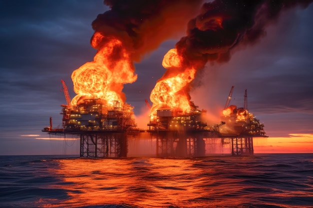 An offshore oil rig engulfed in flames and billowing smoke after a catastrophic explosion illustrating the danger and destructive power of such incidents in the energy industry