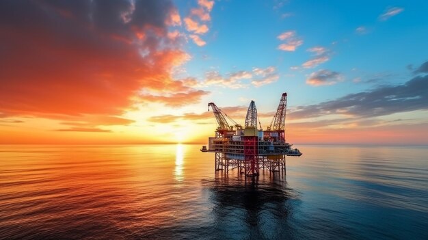 Offshore oil and rig platform in sunset or sunrise time constru