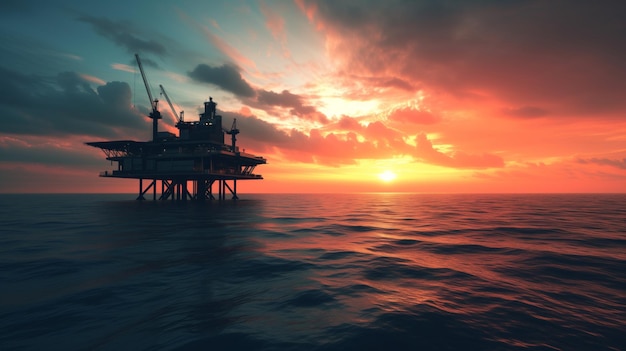 Photo offshore oil rig silhouette against a vivid sunset sky over a calm ocean ideal for energy industry b