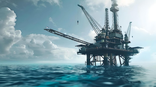 Foto piattaforma petrolifera offshore in piedi maestosa in mare aperto sotto il cielo blu piattaforma marina industriale per la produzione di energia scena oceanica tranquilla ai
