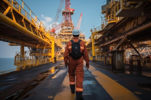 An offshore oil rig worker walks to an oil and gas facility to work in the process area maintenance and services in hazardous areas