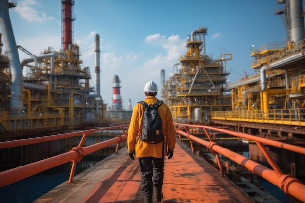 海洋石油掘削装置の作業員が石油・ガス施設まで歩いて行き、危険区域でのプロセスエリアのメンテナンスとサービスを行う