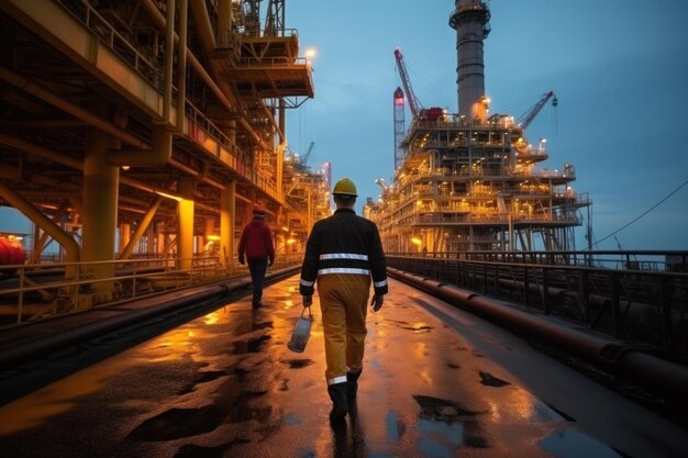 An offshore oil rig worker walks to an oil and gas facility to work in the process area maintenance and services in hazardous areas