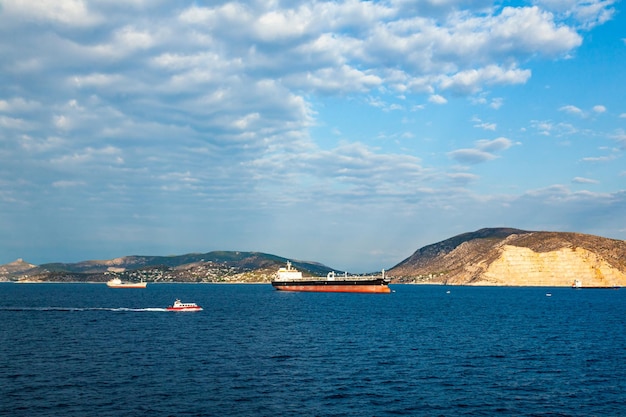 An offshore oil tanker anchored in a bay off the coast of Lagos Portugal