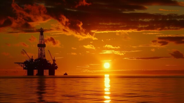 Offshore olieplatform bij zonsondergang silhouet tegen de gouden hemel die de veerkracht van de energiesector symboliseert39