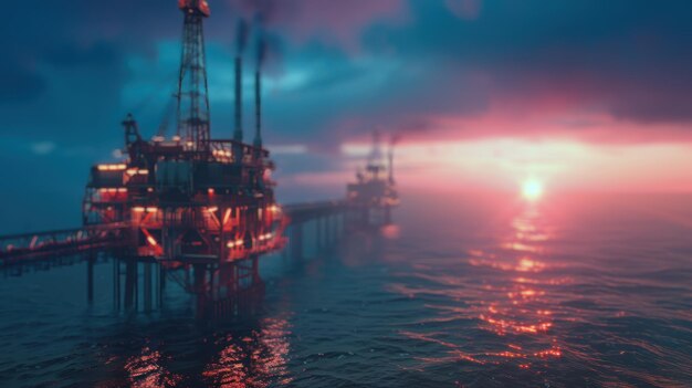 Foto offshore olieplatform bij zonsondergang