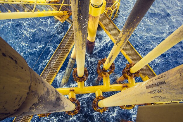 Offshore pipe drill yellow and gas production petroleum pipeline waves sea.