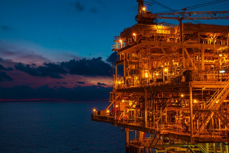 Photo offshore the sunset industry oil and gas production petroleum pipeline background.