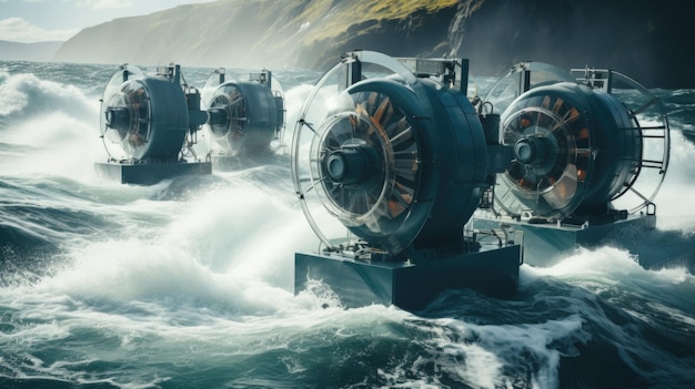Offshore wave energy devices capturing power of ocean waves to produce sustainable electricity Generative AI