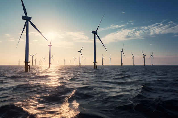 Offshore wind turbines farm on the ocean Sustainable energy production clean power windmill