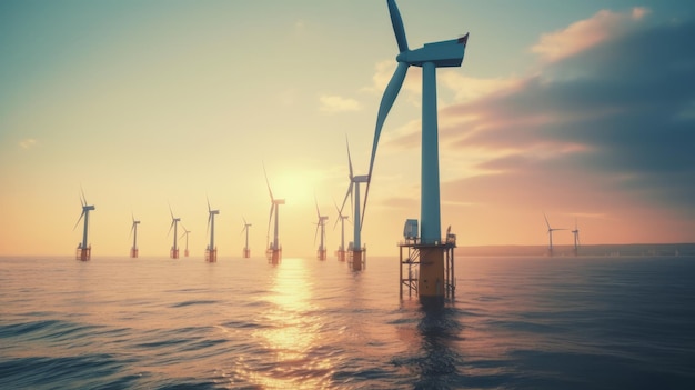 Offshore windenergiepark met veel windturbines in de open zee met zonsonderganglicht