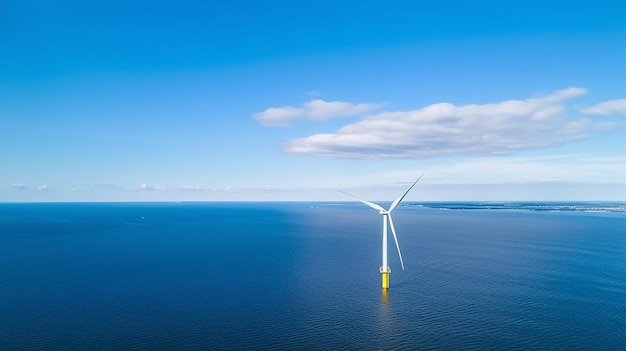 Оффшорный парк ветряных мельниц с облаками и голубым небом парк ветряной мельницы в океане воздушный вид с ветряной турбиной концепция зеленой энергии