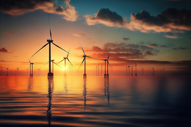 Offshore windturbines in een kalme zee bij zonsondergang Ai gegenereerd
