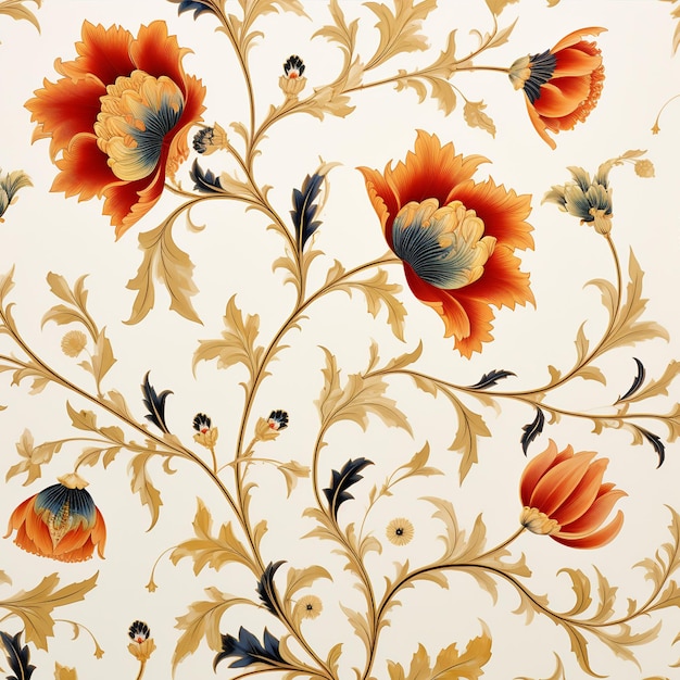 オフホワイト 70 年代のシームレスなヴィンテージの花の壁紙スタイルの背景