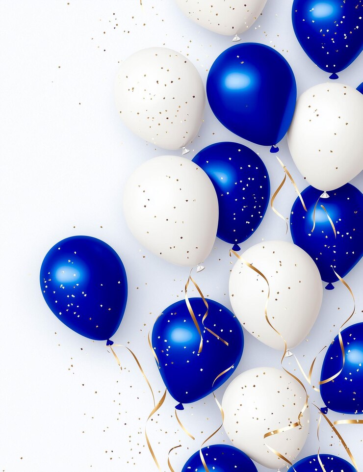 OffWhite and Royal Blue balloons golden ribbons on the background of light geometric patterns